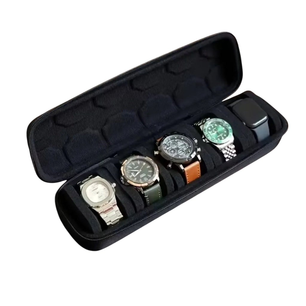 Executive Travel Watch Case – 5-Slot Hard Shell Organizer with Luxury Cushion Inserts (Black)