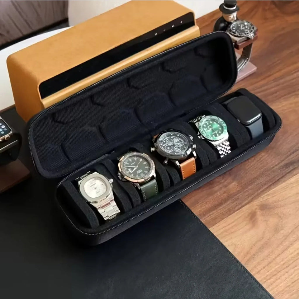 Executive Travel Watch Case – 5-Slot Hard Shell Organizer with Luxury Cushion Inserts (Black)