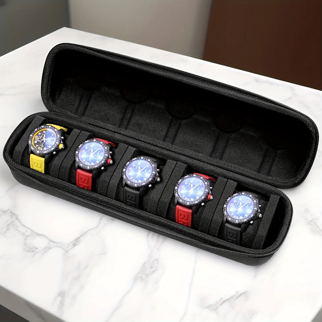 Executive Travel Watch Case – 5-Slot Hard Shell Organizer with Luxury Cushion Inserts (Black)