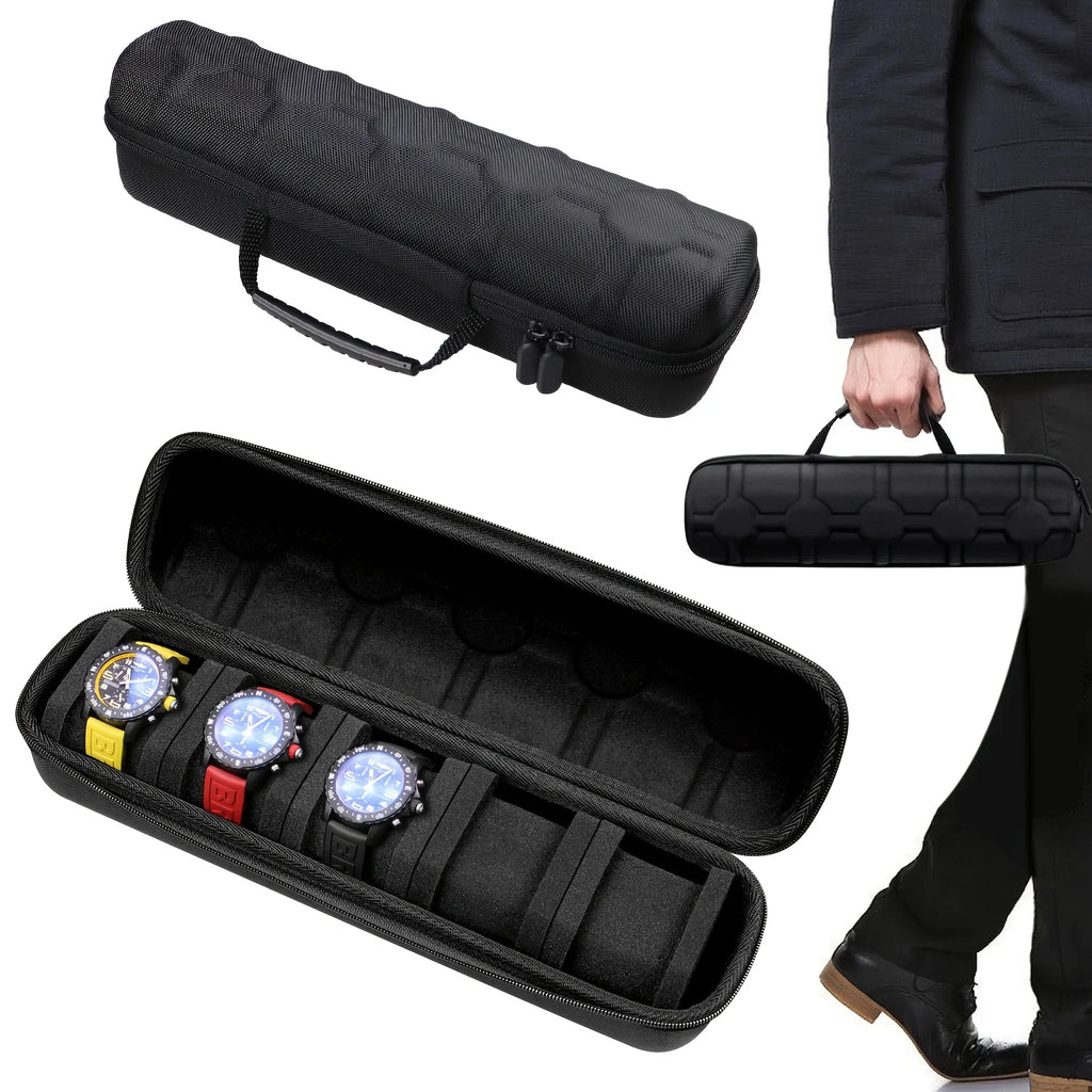 Executive Travel Watch Case – 5-Slot Hard Shell Organizer with Luxury Cushion Inserts (Black)