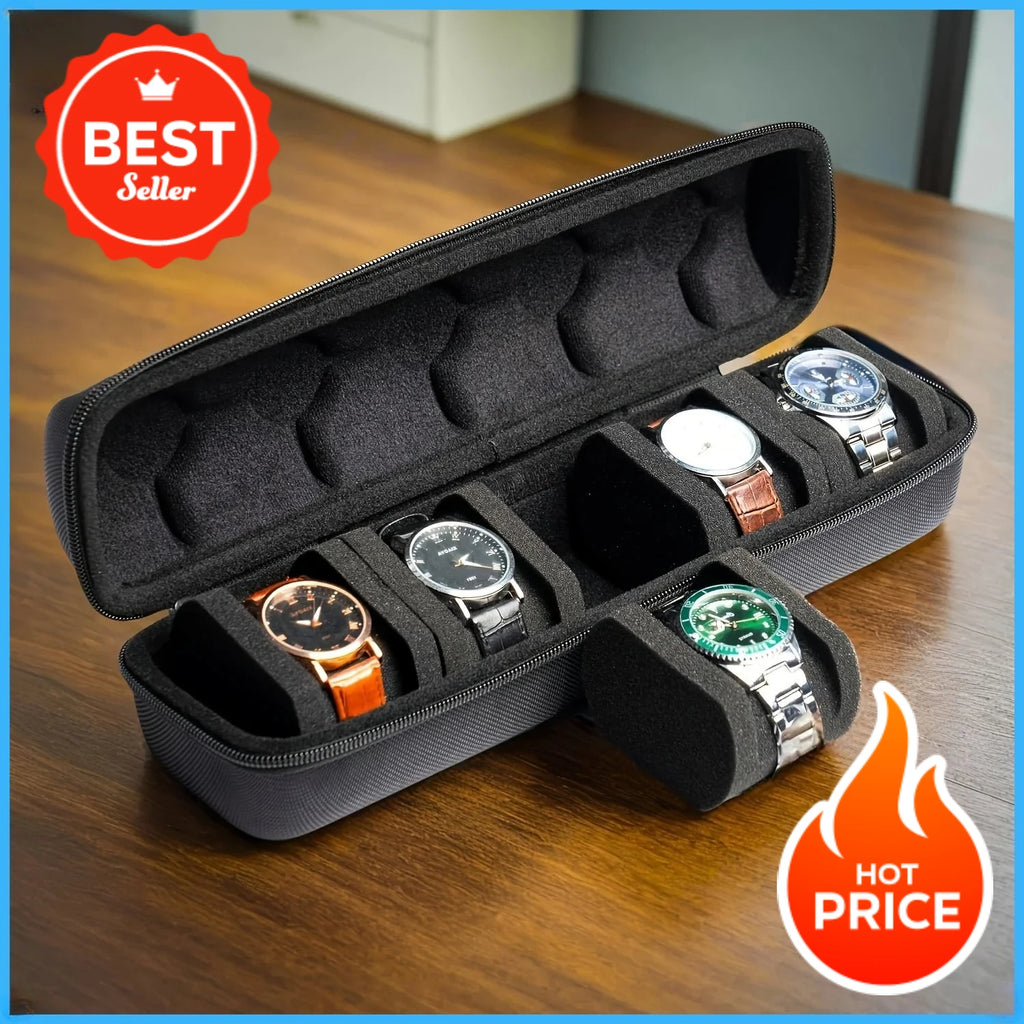 Executive Travel Watch Case – 5-Slot Hard Shell Organizer with Luxury Cushion Inserts (Black)